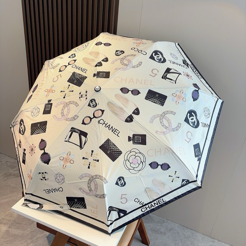 CHANEL Cream and Black Patterned Umbrella